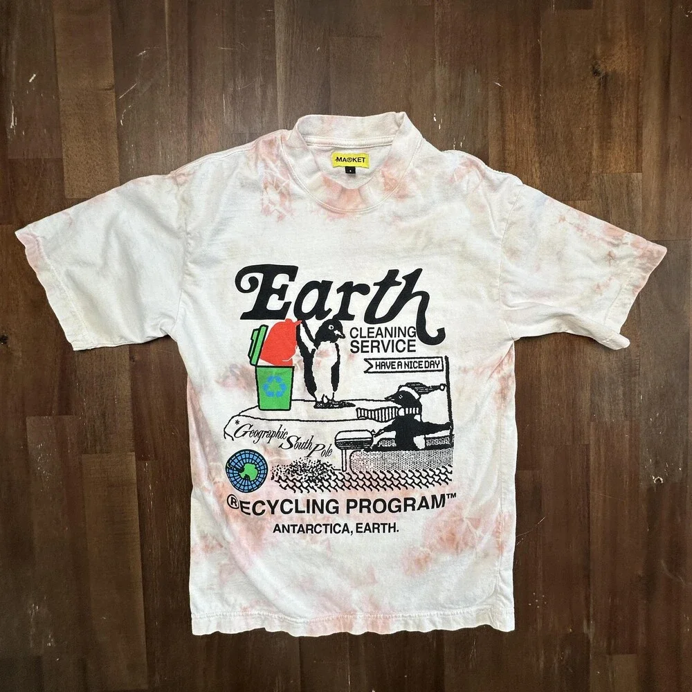 MARKET Shirt Mens Small White Pink Tie Dye Earth Cleaning Service Graphic Tee